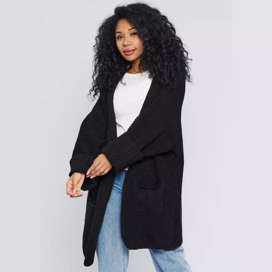Damen Oversized Strickjacke mit großen Taschen und bequemen Rippenärmeln EB