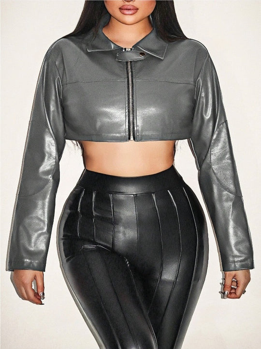 Damen cropped Kunstlederjacke mit innovativem Reißverschluss EB