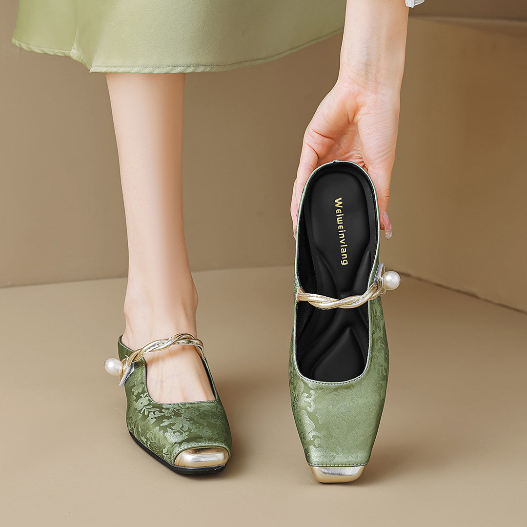 Damen Slingback-Mules mit schimmerndem Stoff und dekorativem Schnallenakzent EB