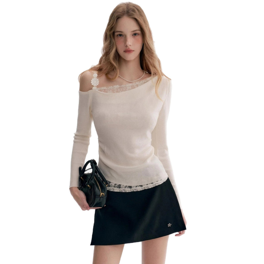 Damen Elegantes Oberteil mit transparentem Spitzenbesatz EB