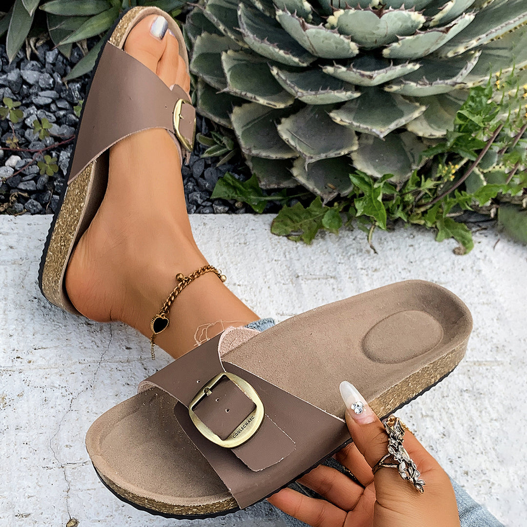 Damen Komfortable Fußbett-Sandalen mit breitem Riemen und glänzender Schnalle EB