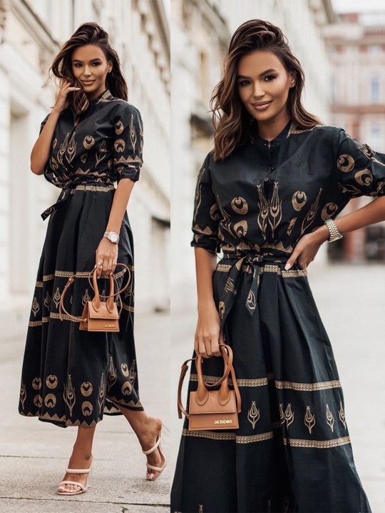 Damen Hemdblusenkleid mit elegantem Muster und tailliertem Gürtel EB