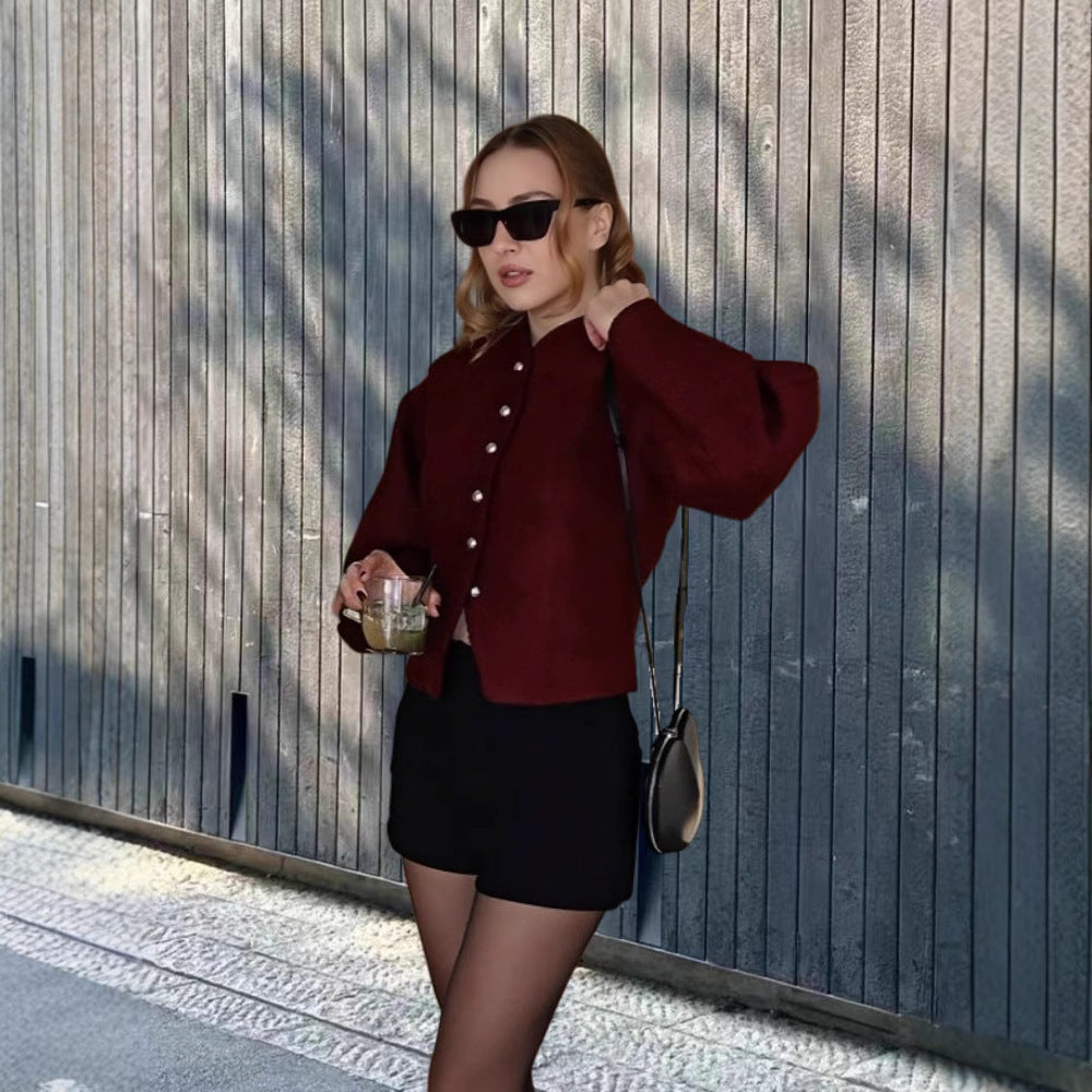 Damen elegante Kurzjacke mit stilvollen Knöpfen und voluminösen Ärmeln EB