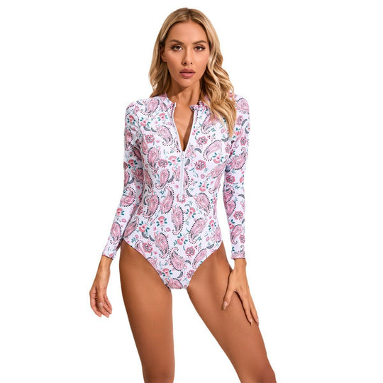 Damen Hochgeschlossener Einteiler Badeanzug mit zip und floralem Muster EB