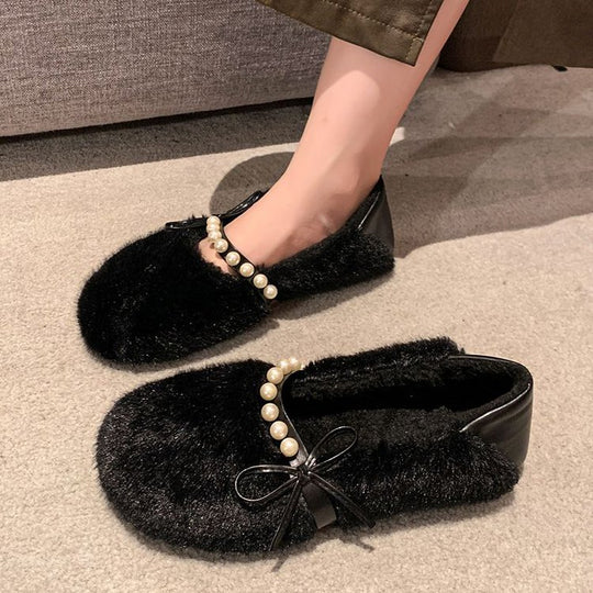 Damen Flauschige Hausschuhe mit eleganter Perlenverzierung und komfortablem Design EB