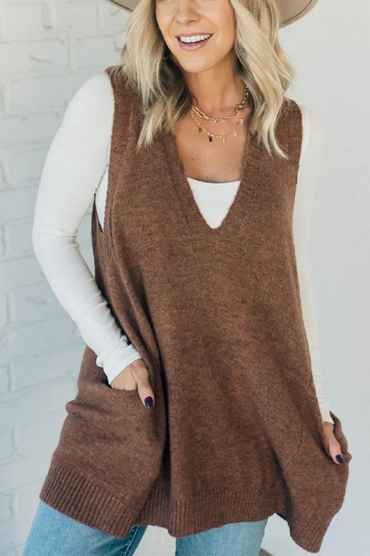 Damen Modische Strickweste mit V-Ausschnitt und praktischen Taschen EB