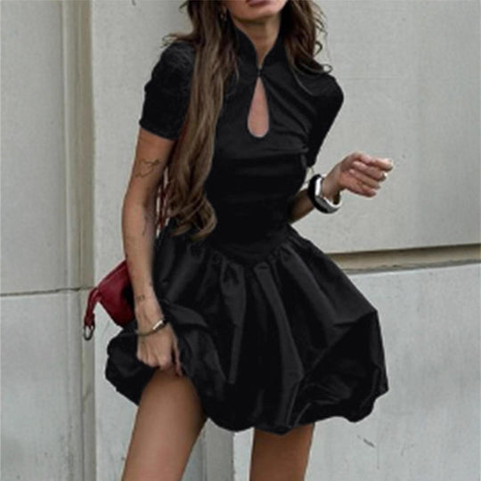 Damen Minikleid mit elegantem Stehkragen und voluminösem Rock EB