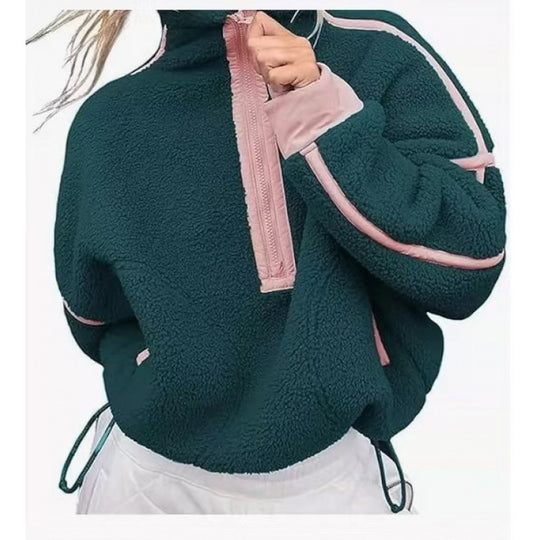 Damen Fleecpullover mit halbem Reißverschluss und kontrastierenden Ärmeln EB