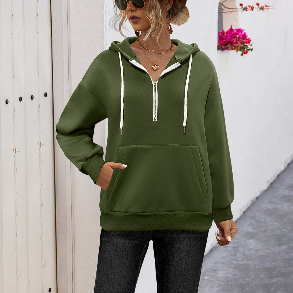 Damen Kapuzenpullover mit halbem Reißverschluss und praktischer Kängurutasche EB
