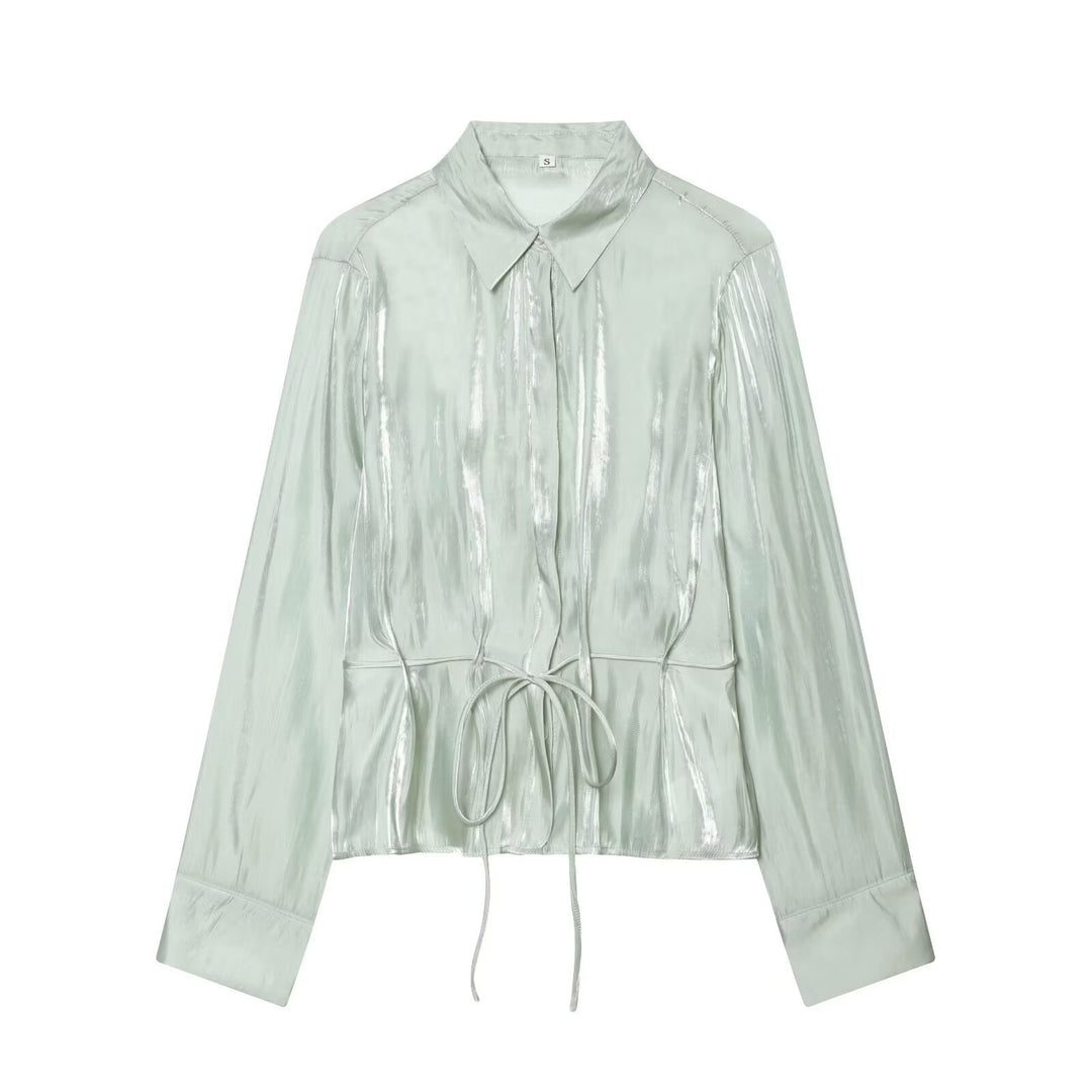 Damen schimmernde Bluse mit verstellbarem Taillenzug und elegantem Kragen EB