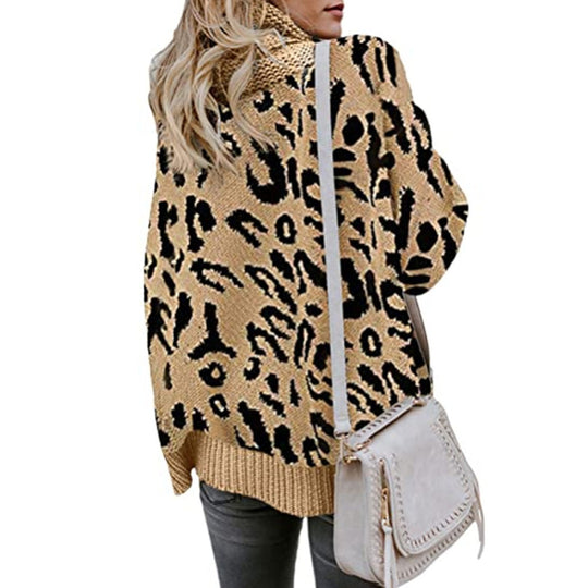 Damen Oversized Strickpullover mit Leopardenmuster und hohem Kragen EB