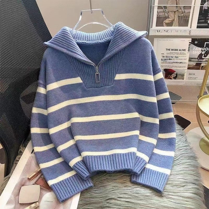 Damen Gestreifter Halb-Reißverschluss Strickpullover mit Rippenkragen EB