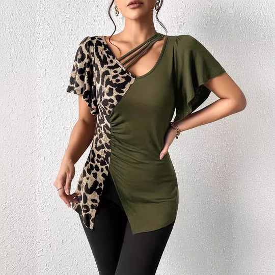 Damen Designermode Oberteil mit asymmetrischem Schnitt und Leopardenmuster EB
