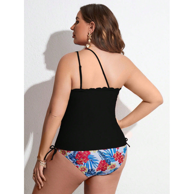Damen Einseitiger Badeanzug mit Rüschendesign und Blumenmuster EB
