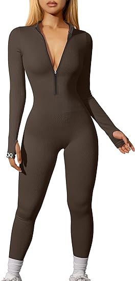 Damen nan figurbetonter Ripp-Jumpsuit mit hohem Halsausschnitt, langem Arm und sculptender Nahtführung EB