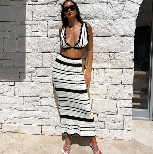 Damen gestricktes Crop-Top und Maxi-Rock Set EB