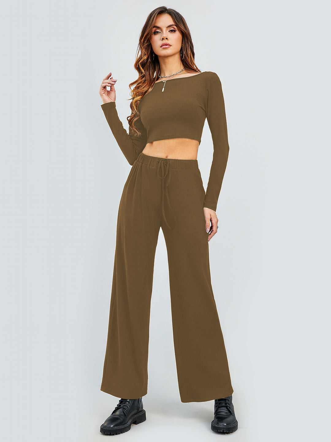 Damen Cropped Oberteil und Weite Hose Set EB