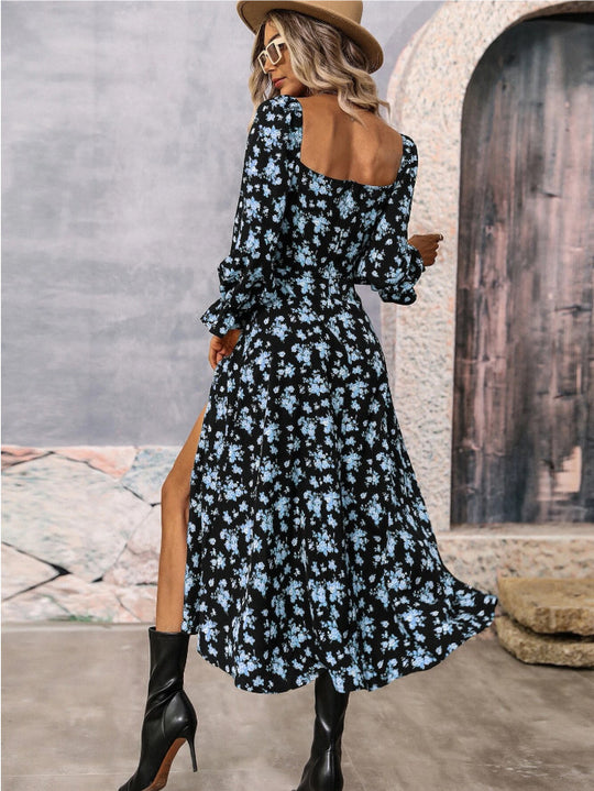 Damen Maxikleid mit seitlichem Schlitz und Puffärmeln EB
