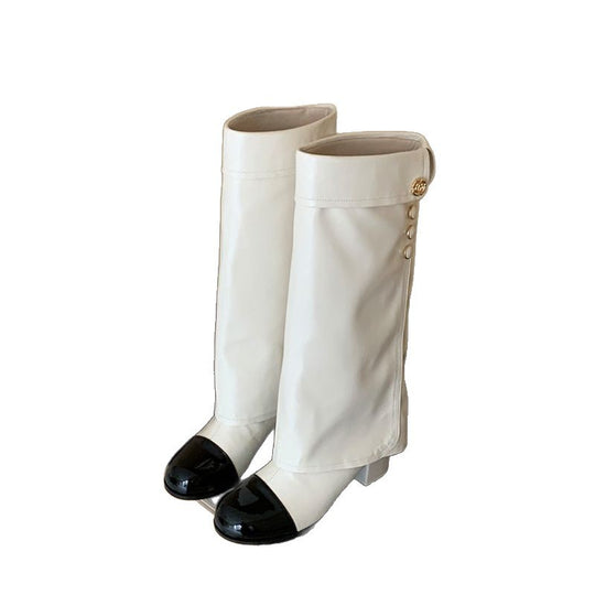 Damen Elegante Stiefel mit dekorativem Knopfdetail und Blockabsatz EB