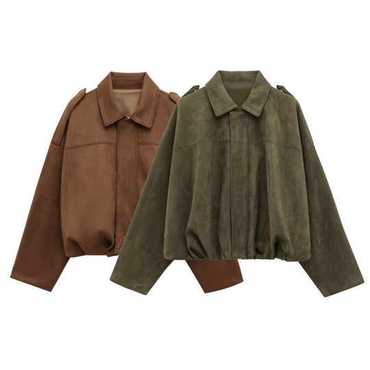Damen modische Oversize-Jacke aus weichem Kunstleder mit dekorativen Details EB