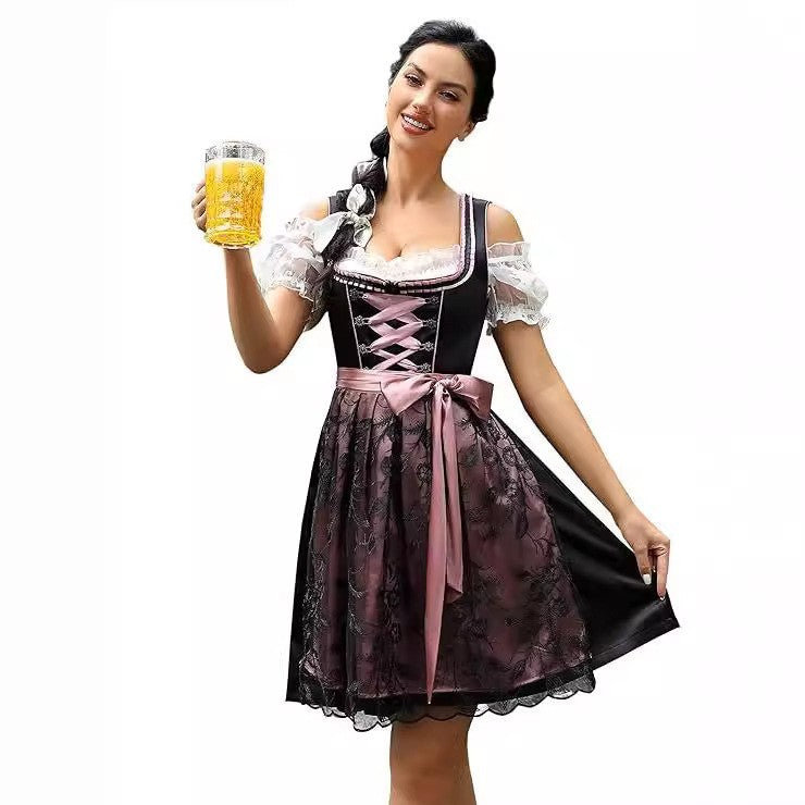 Damen nan traditionelles Dirndlkleid mit Schnürung, floraler Baumwollqualität und Schleifen-Schürze EB