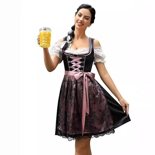 Damen nan traditionelles Dirndlkleid mit Schnürung, floraler Baumwollqualität und Schleifen-Schürze EB