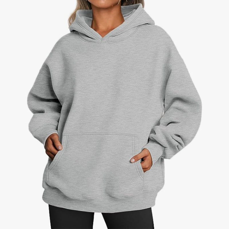 Damen nan Oversize-Kapuzenpullover mit verlängertem Rückenteil, innen angerautem Fleece und Kängurutasche EB