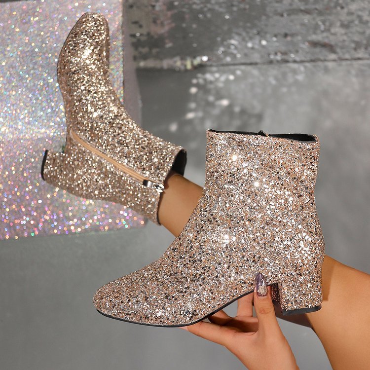 Damen glitzernde Stiefeletten mit kurzem Blockabsatz und seitlichem Reißverschluss EB