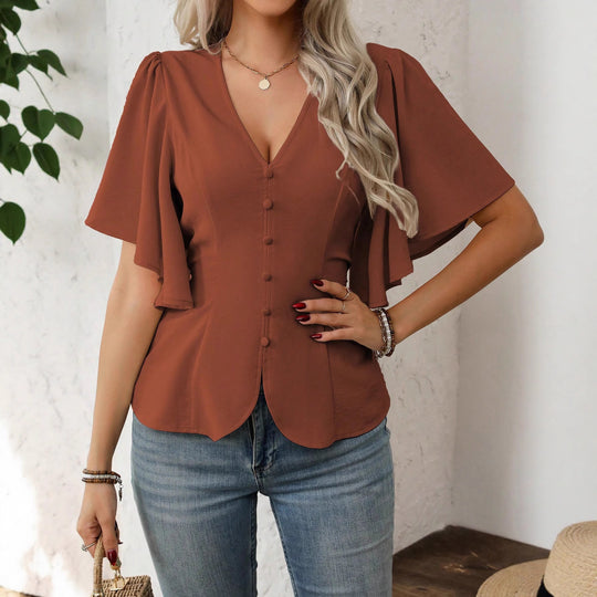 Damen elegante Bluse mit Glockenärmeln und Knopfdetail EB