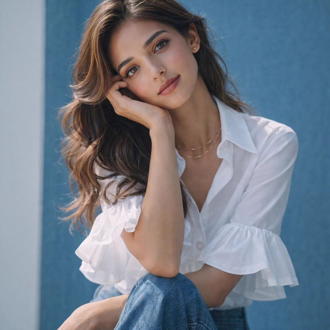 Damen Elegante Bluse mit Rüschendetails und hochwertigem Baumwollstoff EB