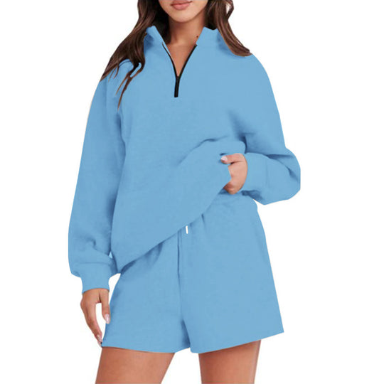 Damen bequemen Freizeit-Sweatanzug mit halbem Reißverschluss und Shorts EB