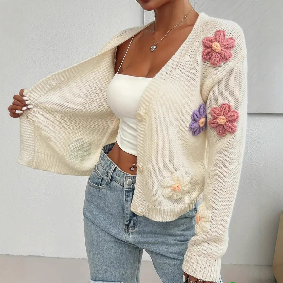 Damen Verspielter Strick-Cardigan mit handgehäkelten Blumenapplikationen EB