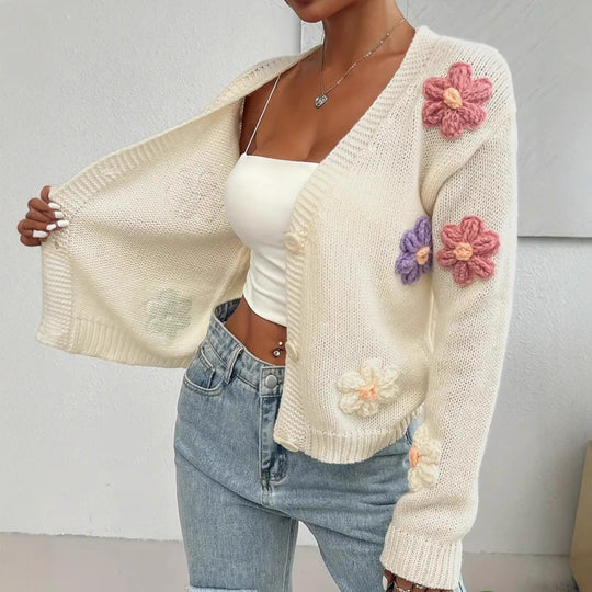 Damen Verspielter Strick-Cardigan mit handgehäkelten Blumenapplikationen EB