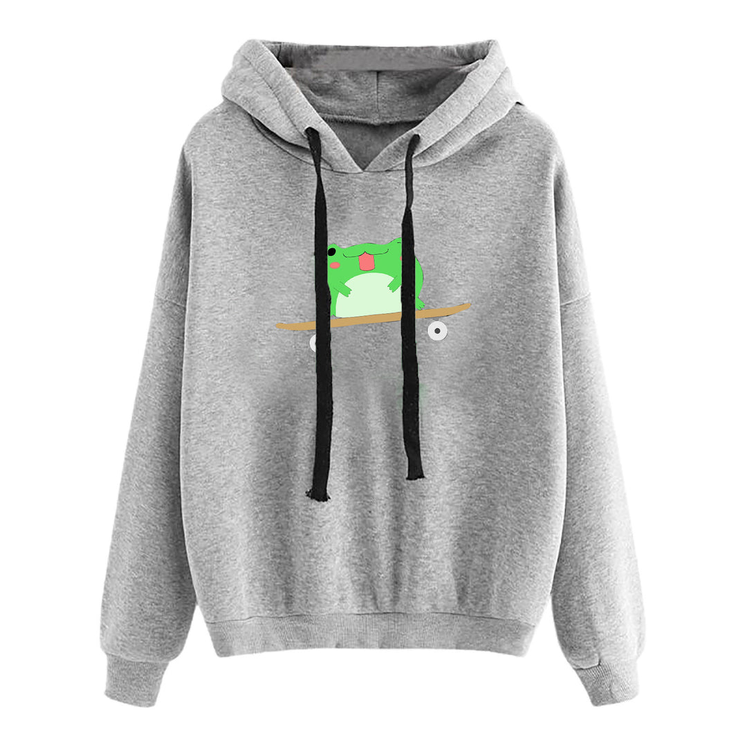 Damen nan kurz geschnittener Cropped-Kapuzenpullover mit niedlicher Frosch-Illustration und verstellbarer Kapuze EB