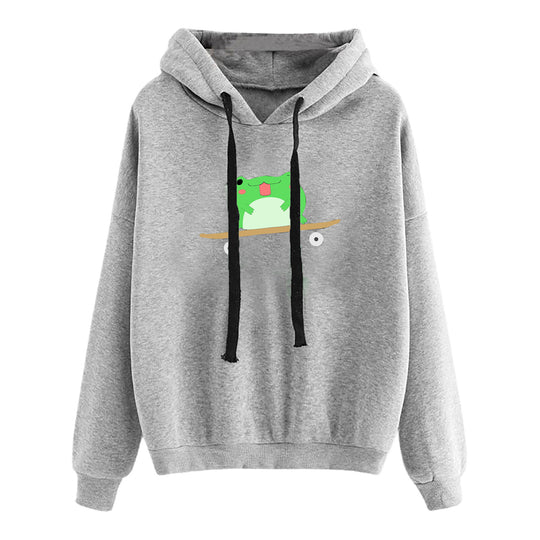 Damen nan kurz geschnittener Cropped-Kapuzenpullover mit niedlicher Frosch-Illustration und verstellbarer Kapuze EB