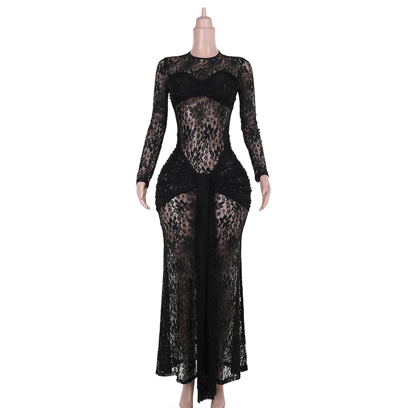 Damen Spitzen-Maxikleid mit figurbetonendem Schnitt und langem Arm EB