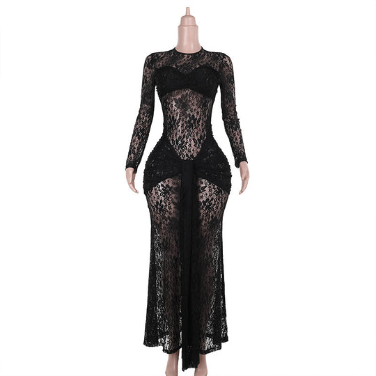 Damen Spitzen-Maxikleid mit figurbetonendem Schnitt und langem Arm EB