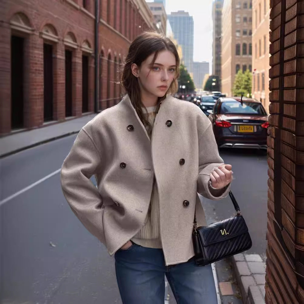 Damen modische Kurzjacke mit doppelter Knopfreihe und lässigen Ärmeln EB