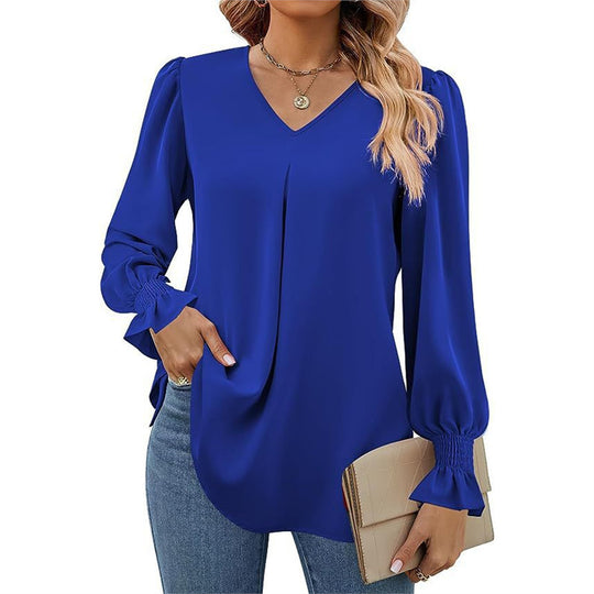 Damen fließende V-Ausschnitt Bluse mit eleganten Puffärmeln EB