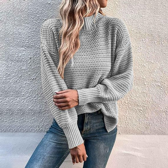 Damen modischer Strickpullover mit hohem Kragen und strukturiertem Muster EB