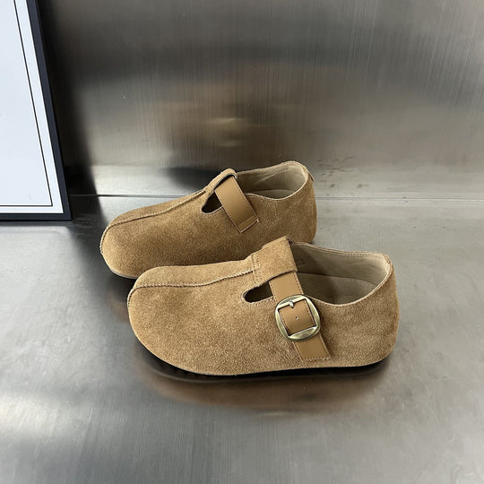 Damen Veloursleder Clogs mit verstellbarem Riemen und anatomischem Fußbett EB