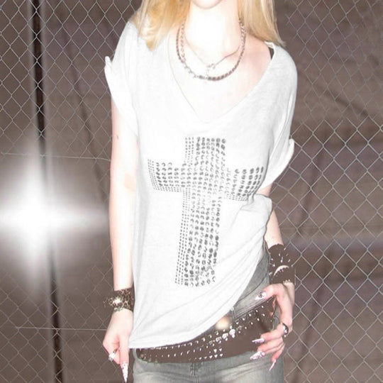 Damen stylisches Oversized T-Shirt mit Kreuz-Print und Glitzerdetails EB