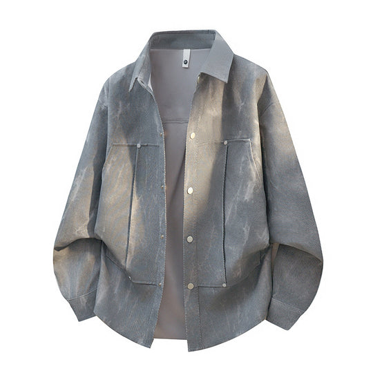 Herren oversized Canvas-Hemdjacke mit Acid‑Wash‑Optik, Druckknopfverschluss und aufgesetzten Fronttaschen EB