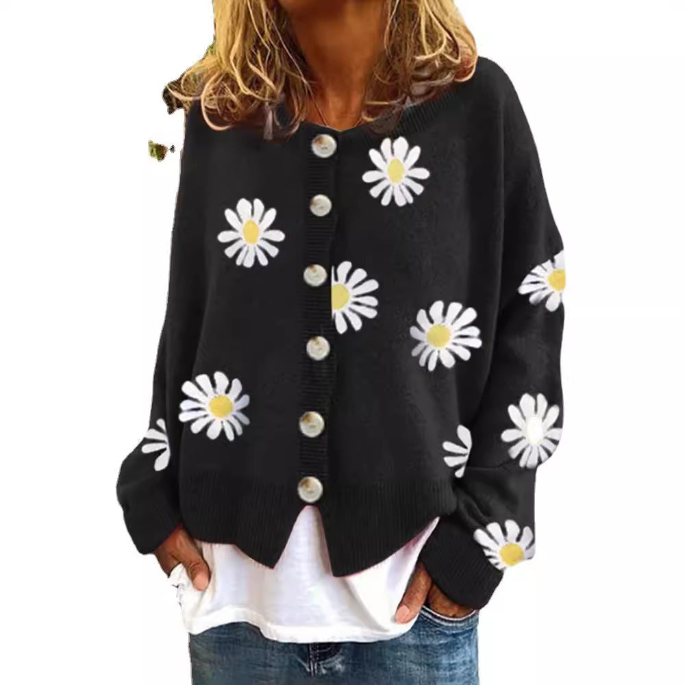 Damen gestreifte Strickjacke mit Blumenmuster EB