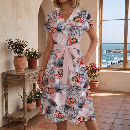 Damen Sommerliches Kleid mit taillierbarem Bindegürtel und floralem Muster EB