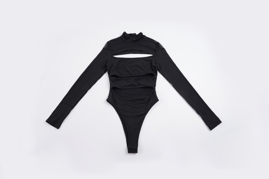 Damen Langarm Bodysuit mit raffiniertem Cut-Out-Design und elegantem Stehkragen EB