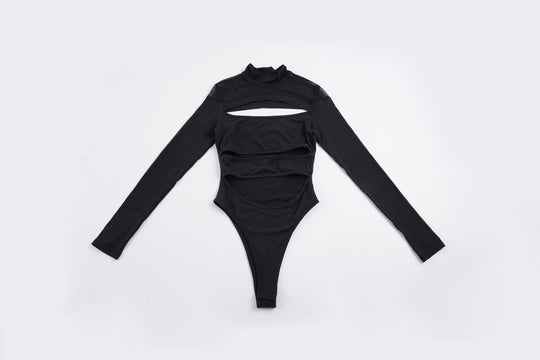 Damen Langarm Bodysuit mit raffiniertem Cut-Out-Design und elegantem Stehkragen EB