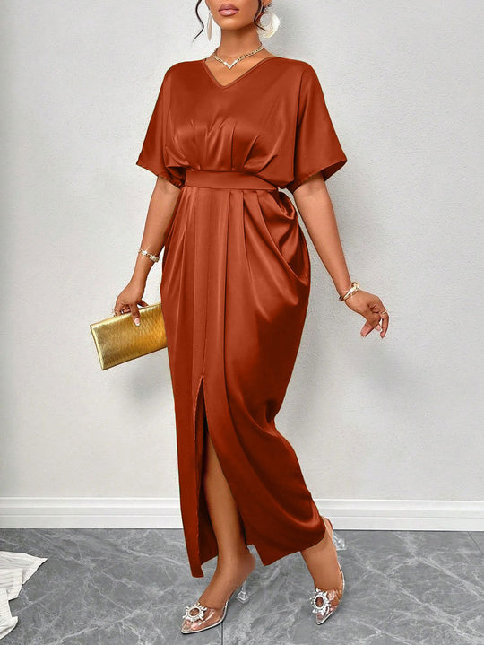Damen Midikleid mit elegantem V-Ausschnitt und seitlichem Schlitz EB