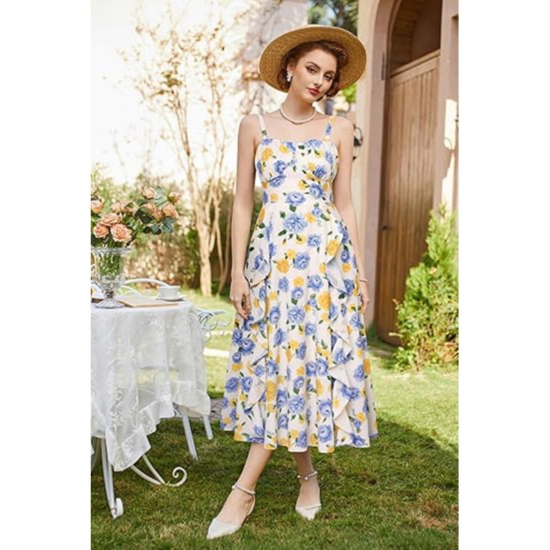 Damen Freizeitmaxikleid mit zarten Rüschendetails und floralem Design EB