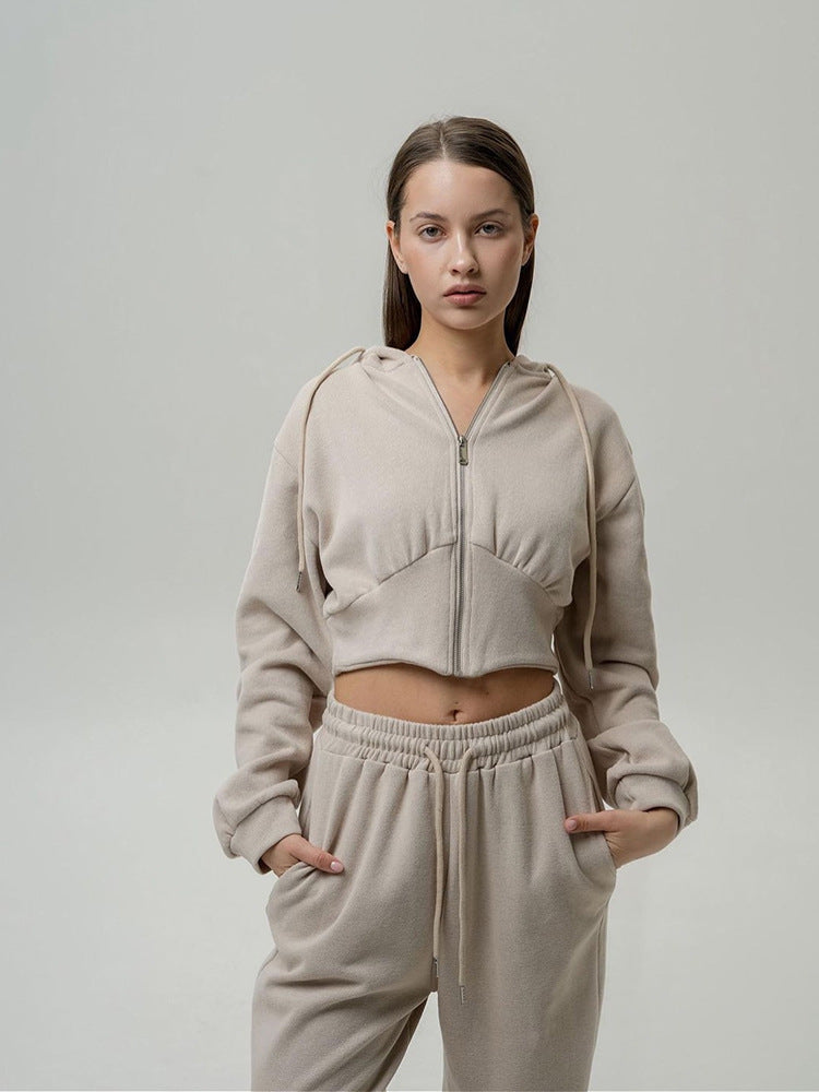 Damen nan zweiteiliges Cropped Hoodie-Set mit weitem Bundhose-Schnitt und tailliertem Reißverschluss EB